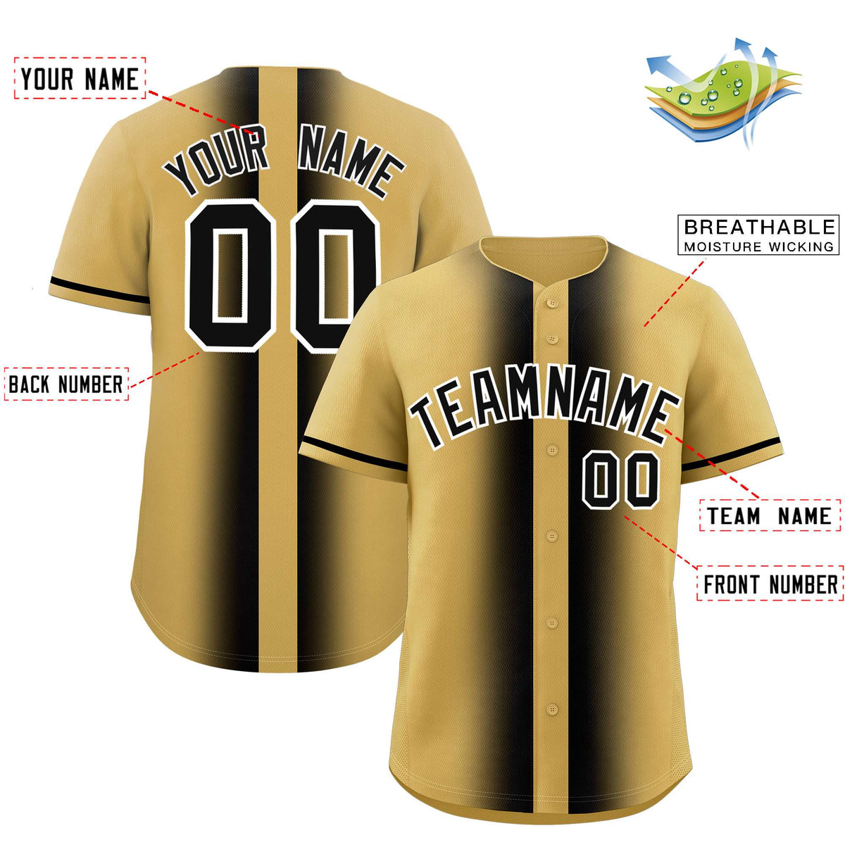 Custom Old Gold Black Lapel Gradient Fashion Authentic Baseball Jersey