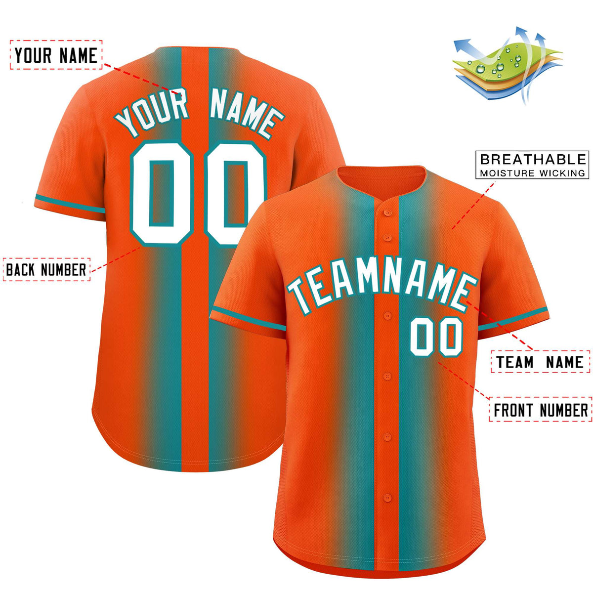 Custom Orange Aqua Lapel Gradient Fashion Authentic Baseball Jersey