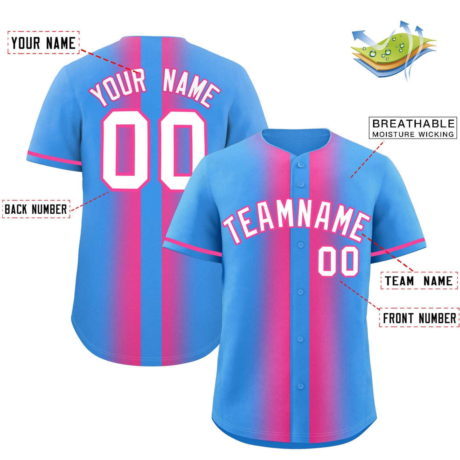 Custom Powder Blue Pink Lapel Gradient Fashion Authentic Baseball Jersey