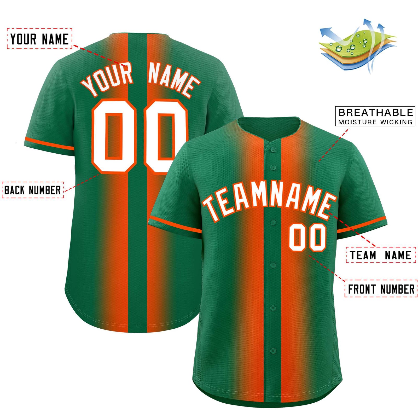 Custom Kelly Green Orange Lapel Gradient Fashion Authentic Baseball Jersey