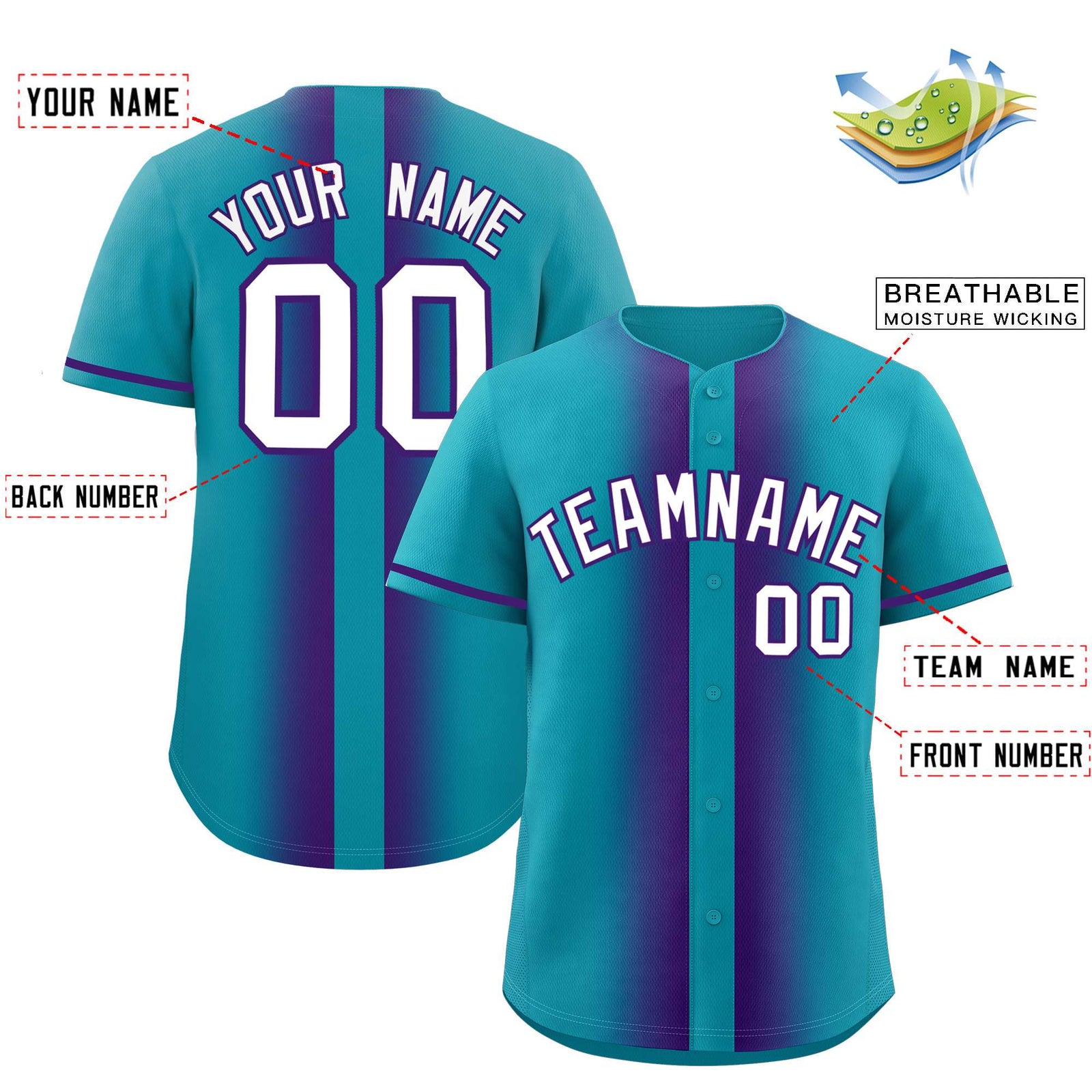 Custom Aqua Purple Lapel Gradient Fashion Authentic Baseball Jersey