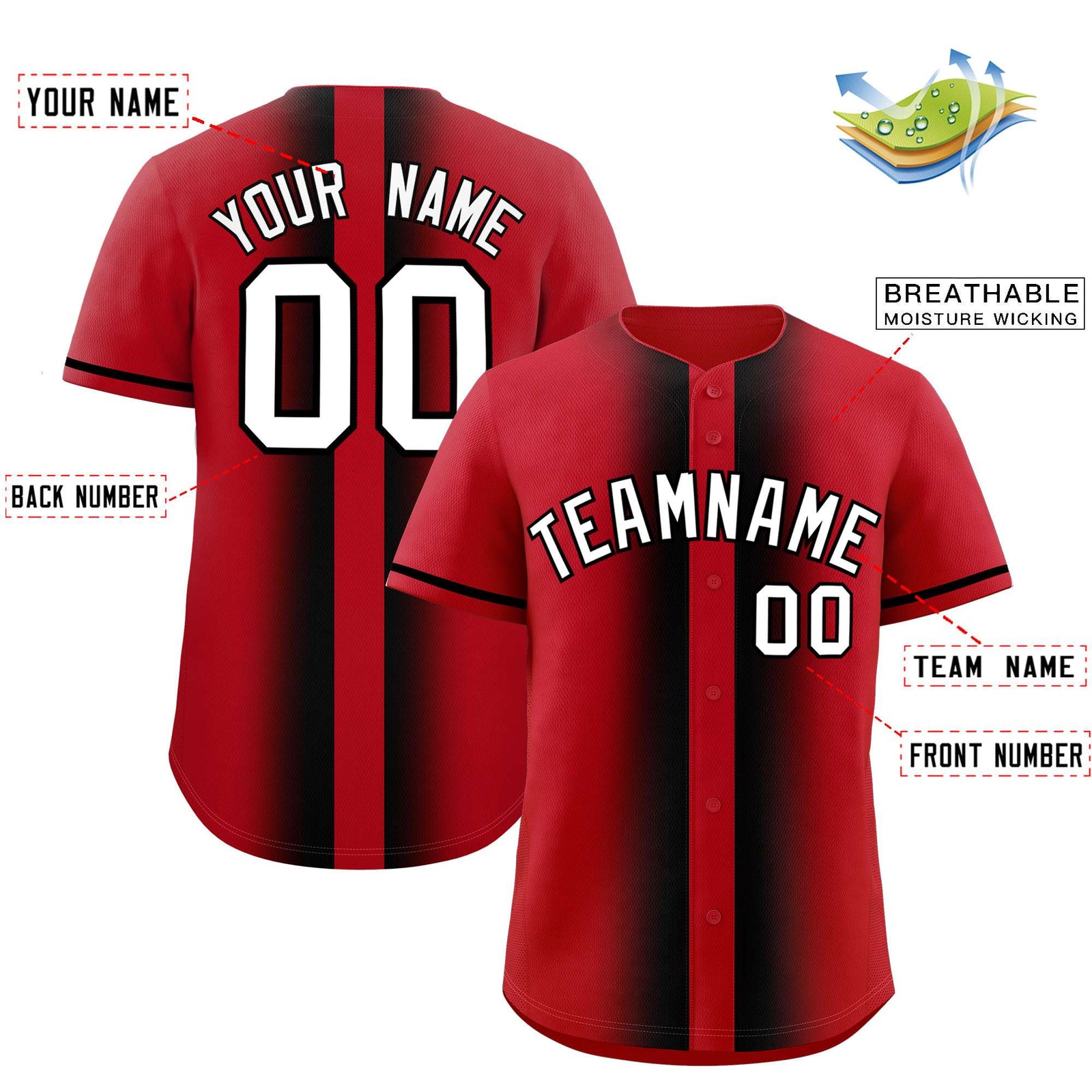 Custom Red Black Lapel Gradient Fashion Authentic Baseball Jersey