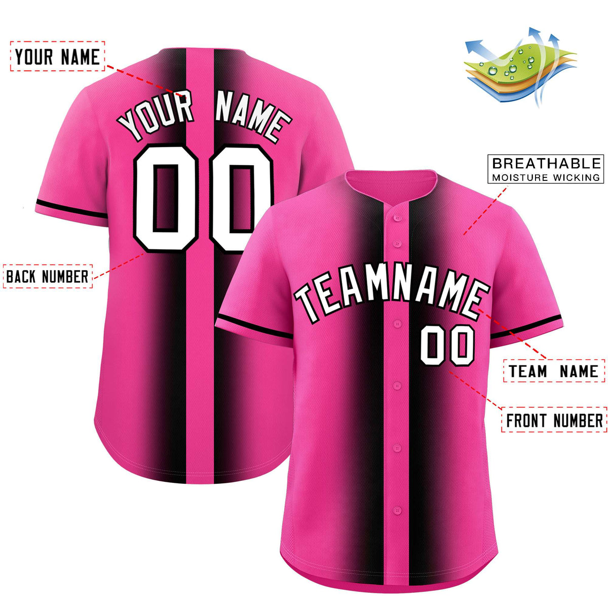 Custom Pink Black Lapel Gradient Fashion Authentic Baseball Jersey