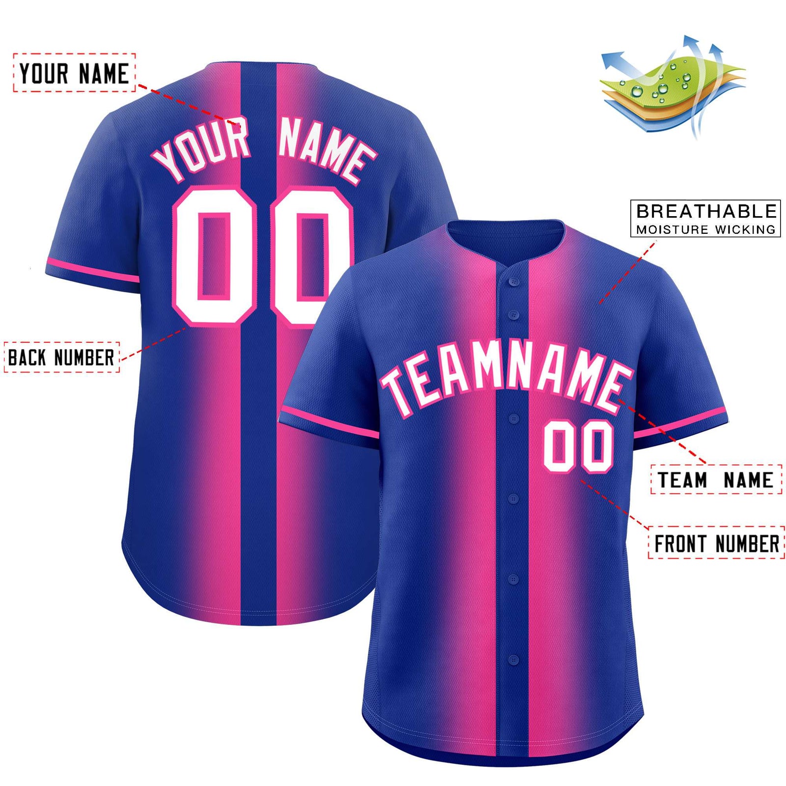 Custom Royal Pink Lapel Gradient Fashion Authentic Baseball Jersey