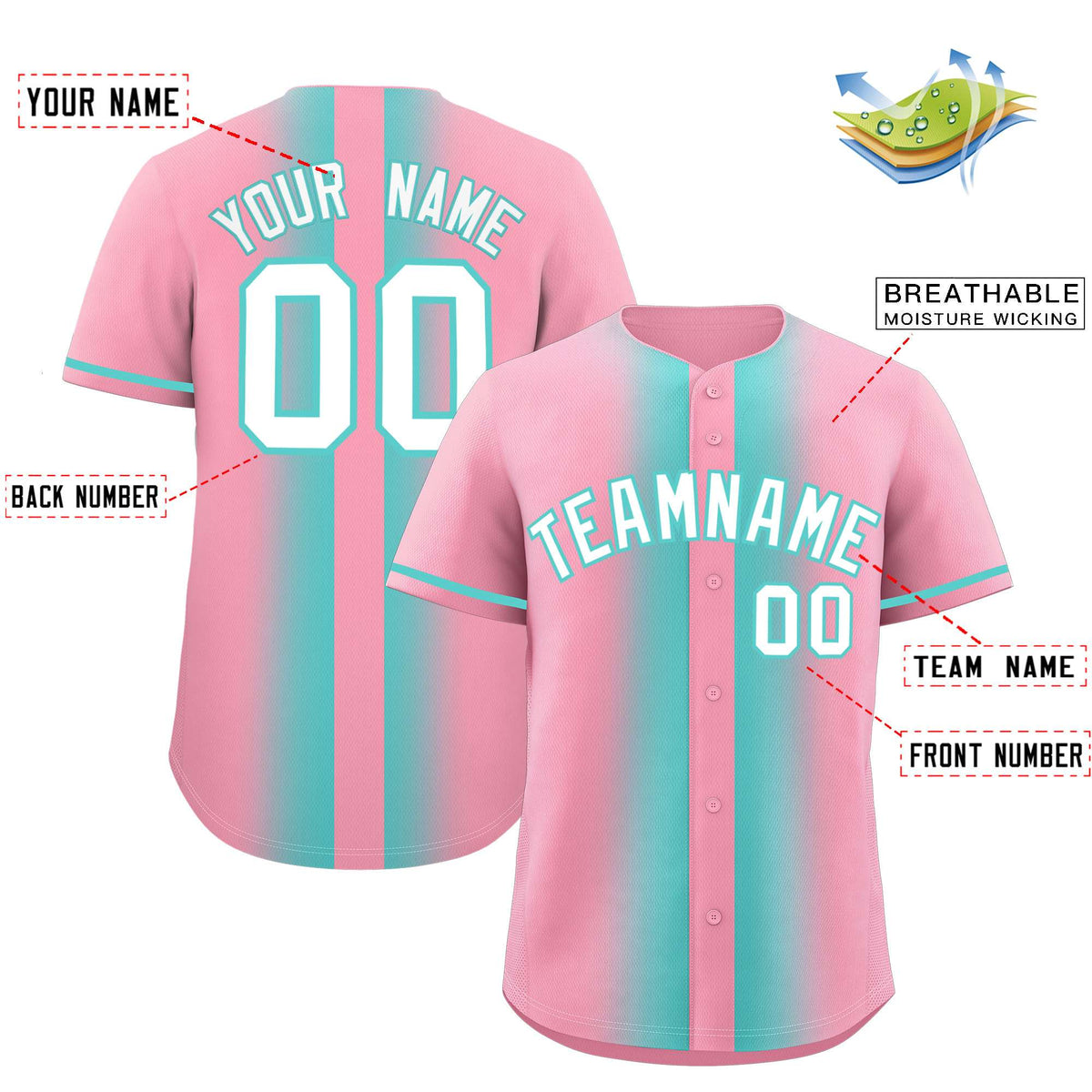 Custom Light Pink Bright Green Lapel Gradient Fashion Authentic Baseball Jersey