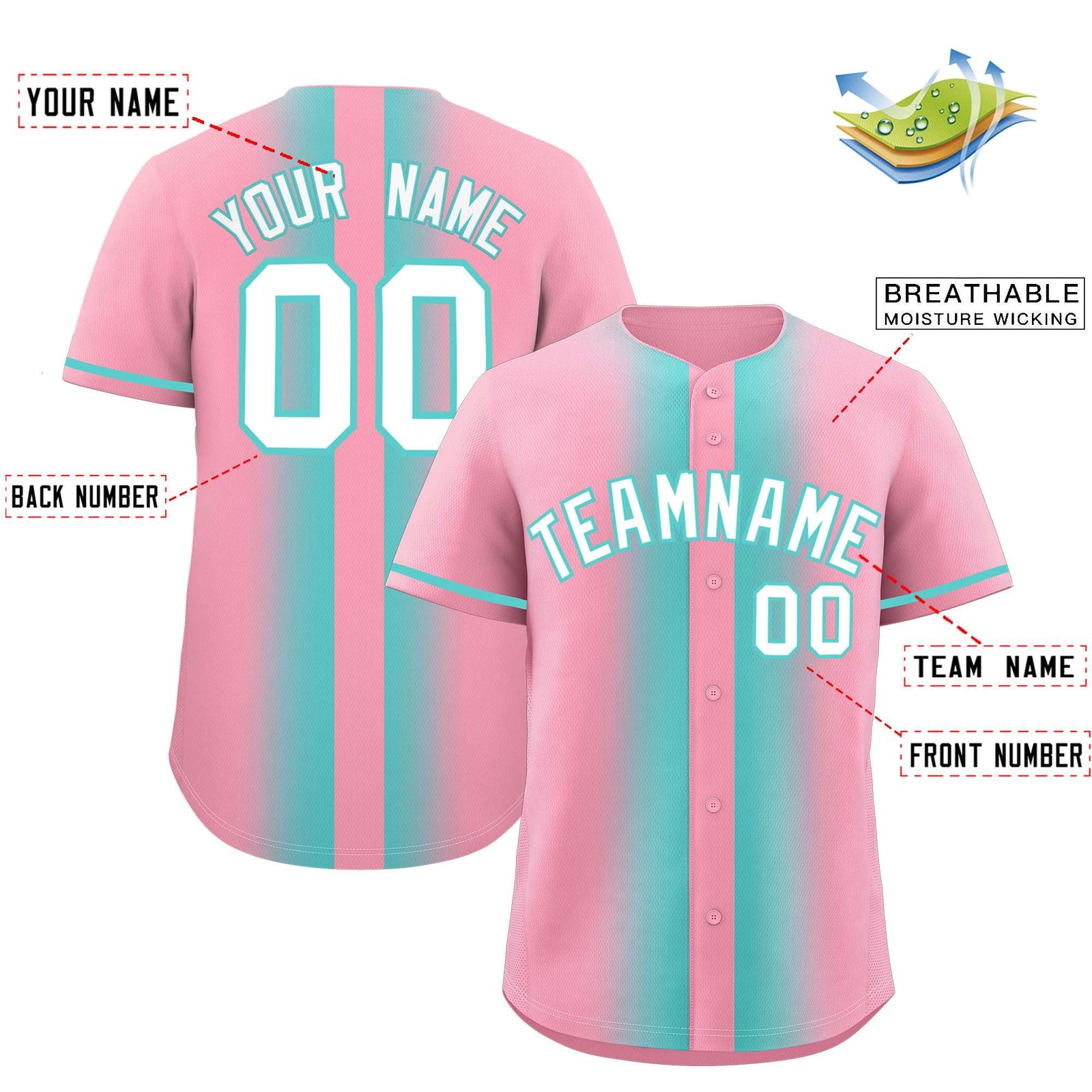 Custom Light Pink Bright Green Lapel Gradient Fashion Authentic Baseball Jersey