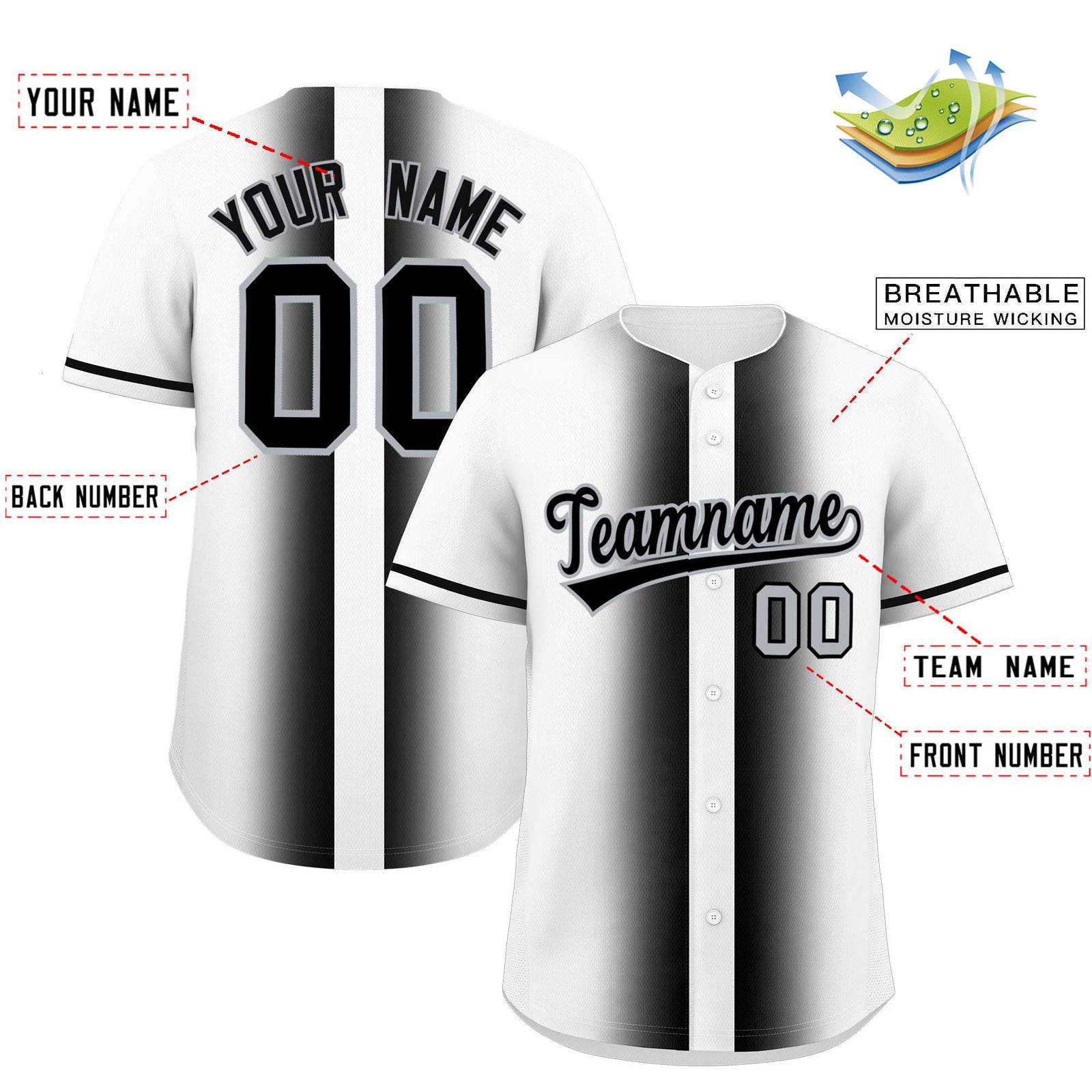 Custom White Black Lapel Gradient Fashion Authentic Baseball Jersey