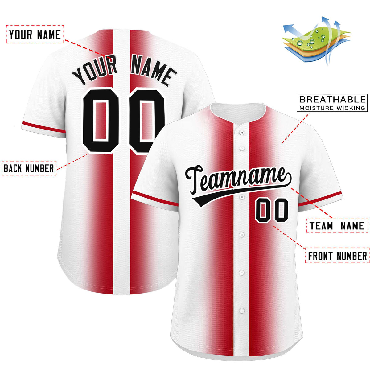 Custom White Red Lapel Gradient Fashion Authentic Baseball Jersey