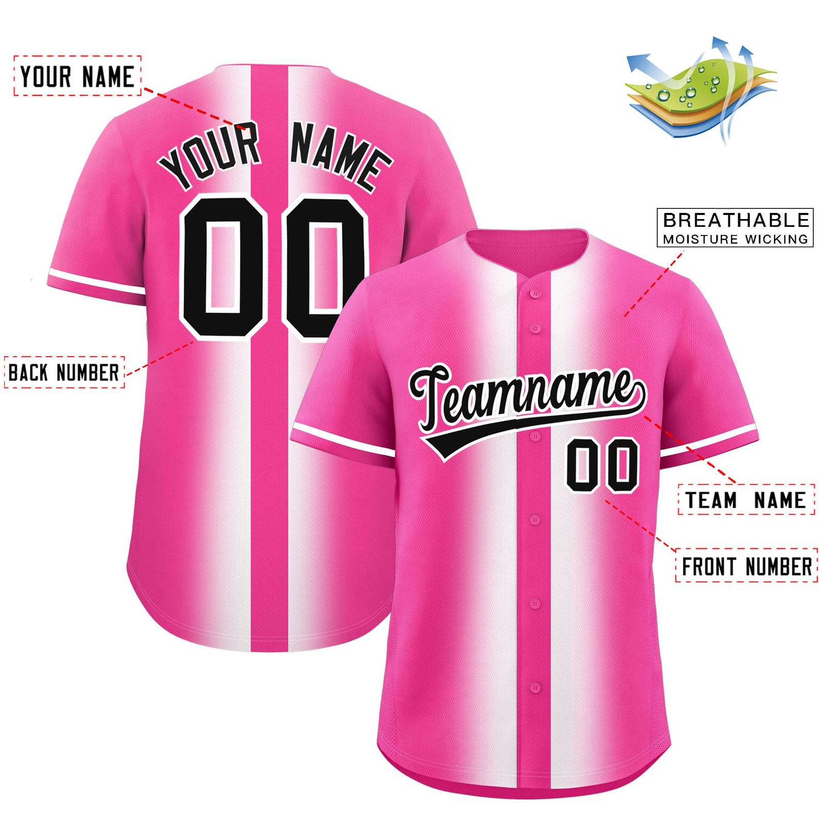 Custom Pink White Lapel Gradient Fashion Authentic Baseball Jersey