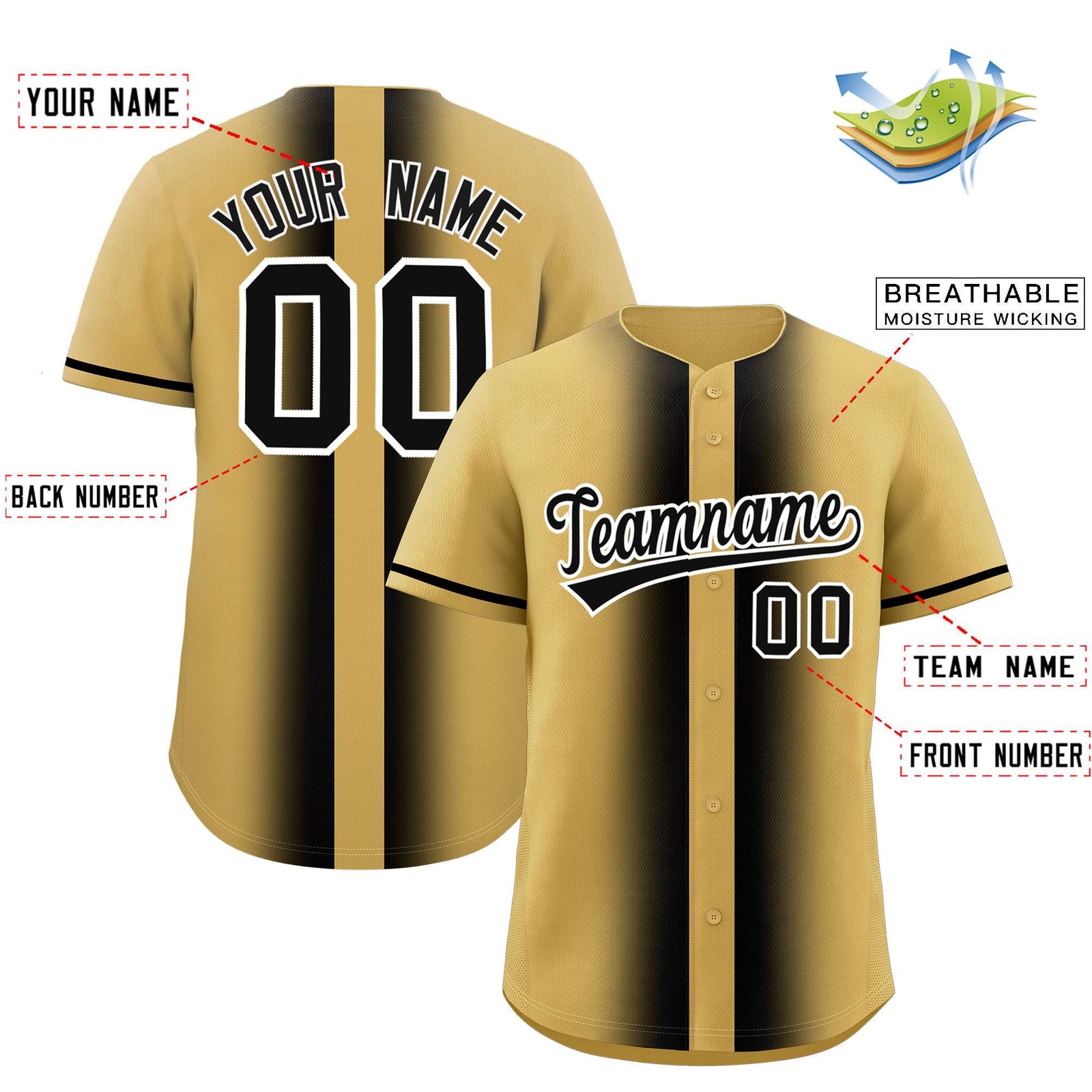 Custom Old Gold Black Lapel Gradient Fashion Authentic Baseball Jersey
