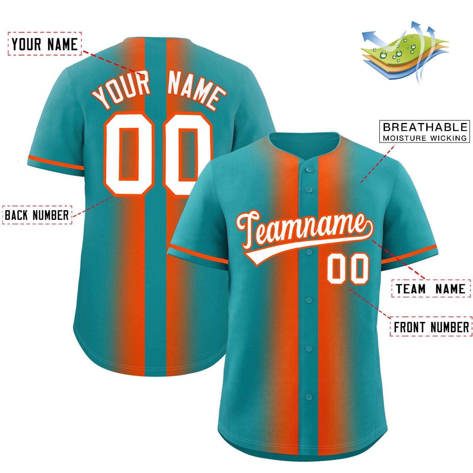 Custom Aqua Orange Lapel Gradient Fashion Authentic Baseball Jersey