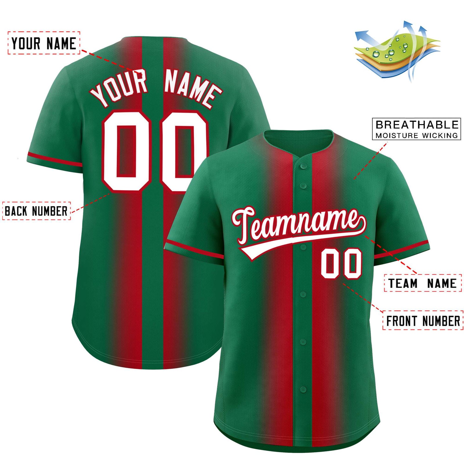 Custom Kelly Green Red Lapel Gradient Fashion Authentic Baseball Jersey