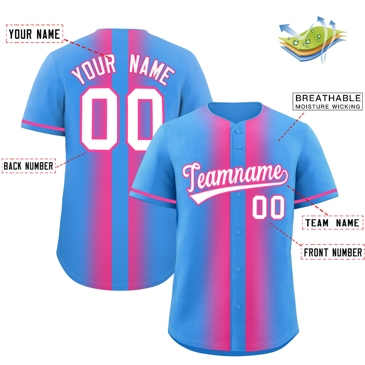Custom Powder Blue Pink Lapel Gradient Fashion Authentic Baseball Jersey