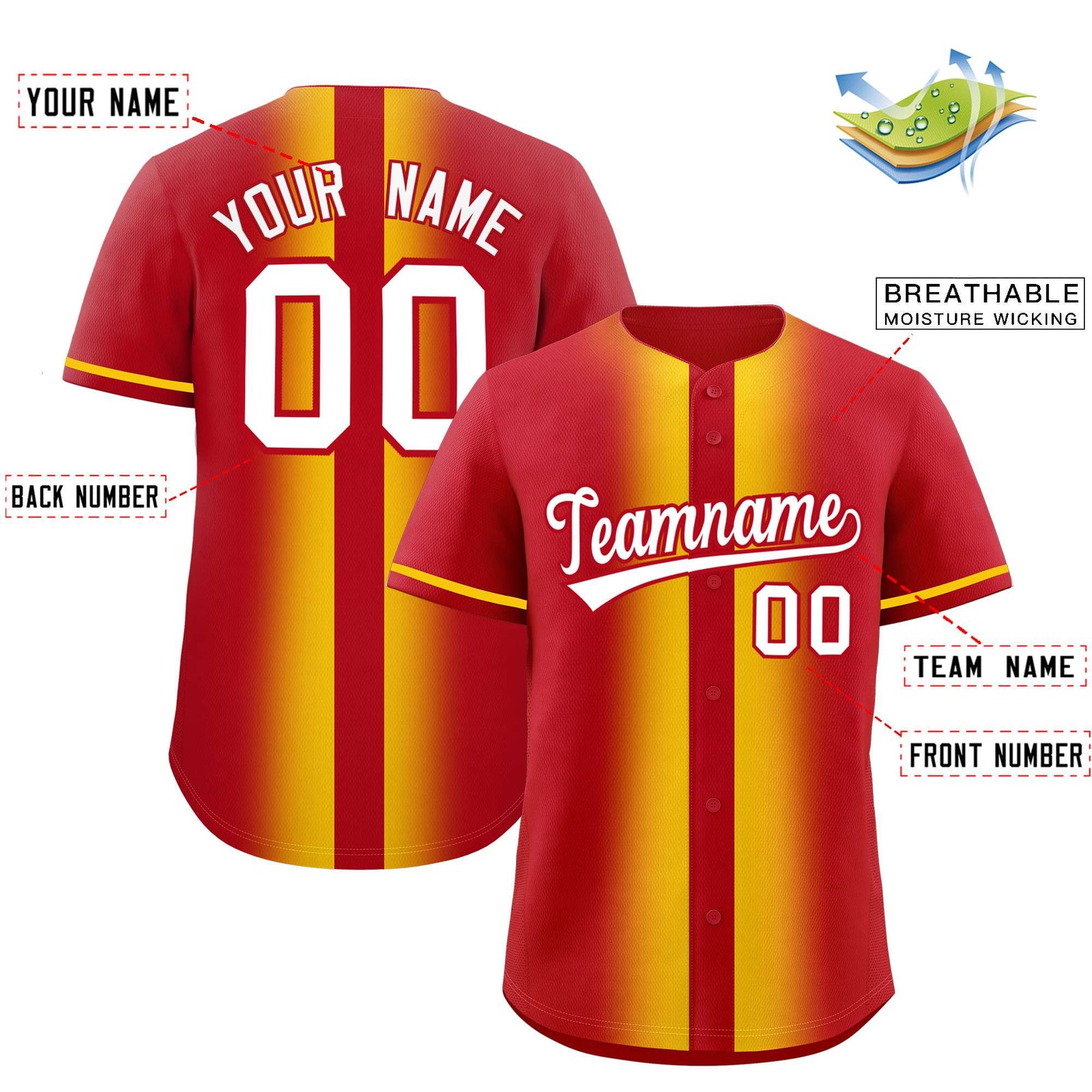 Custom Red Gold Lapel Gradient Fashion Authentic Baseball Jersey