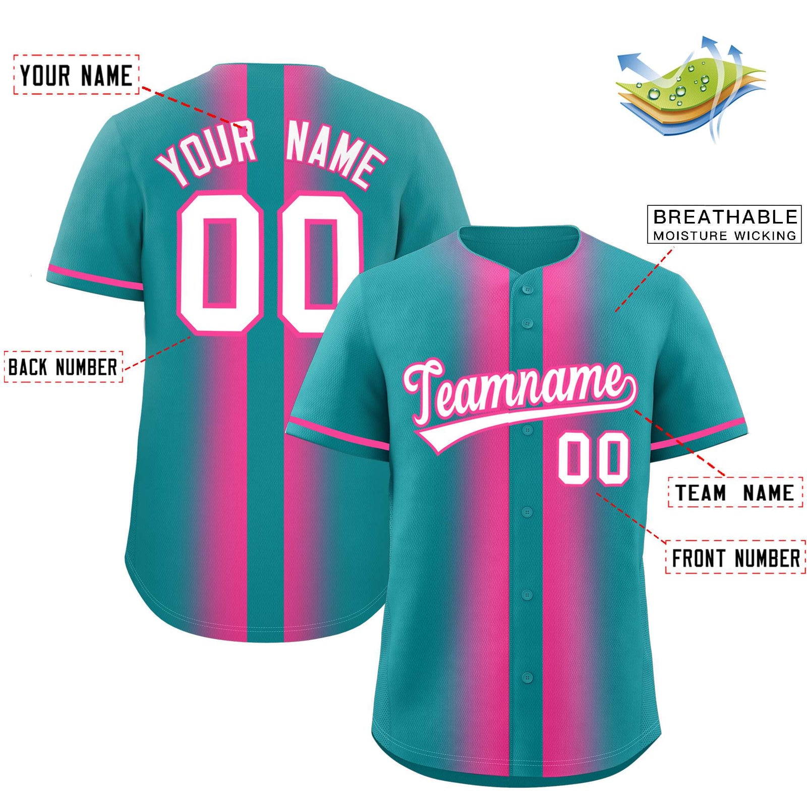 Custom Aqua Pink Lapel Gradient Fashion Authentic Baseball Jersey