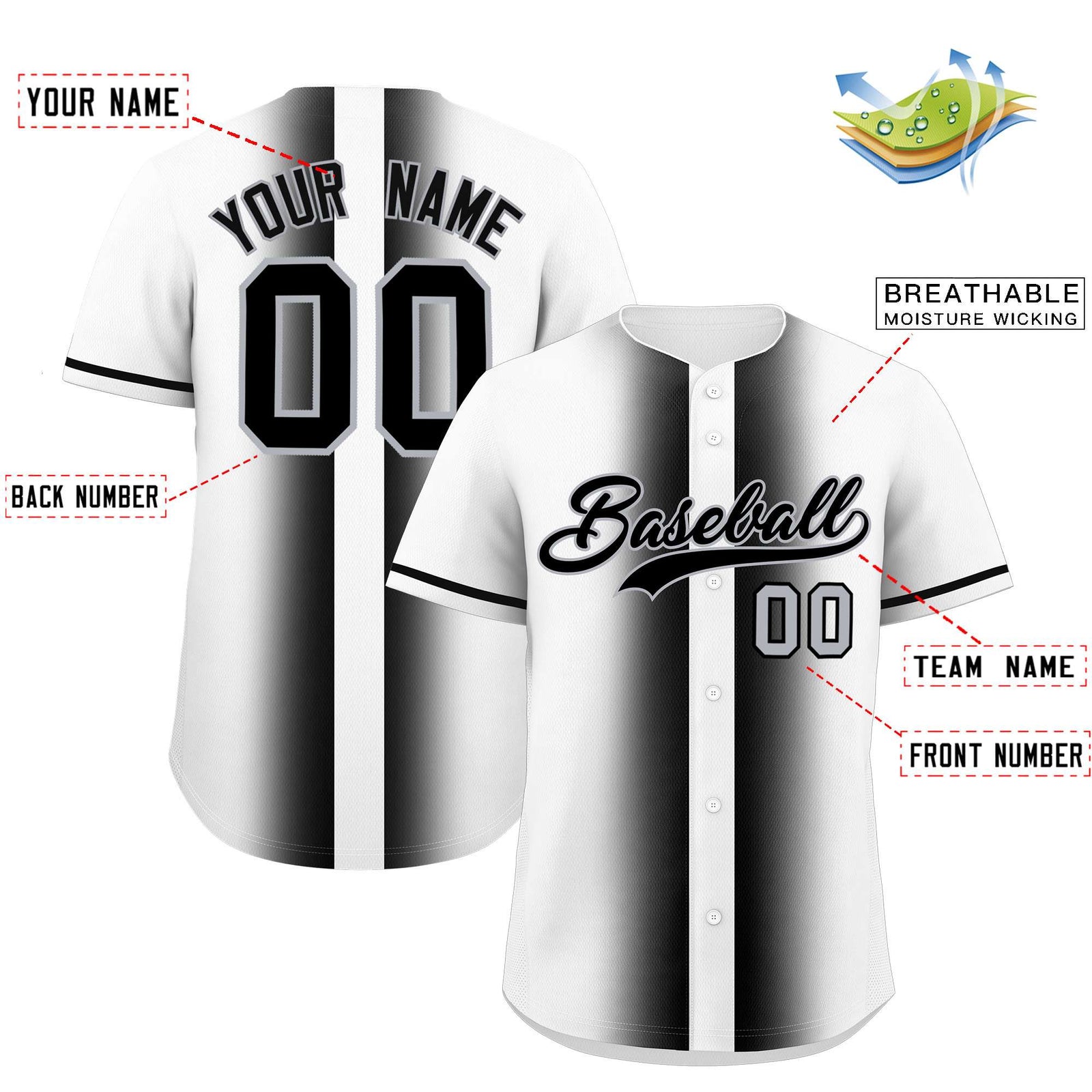 Custom White Black Lapel Gradient Fashion Authentic Baseball Jersey