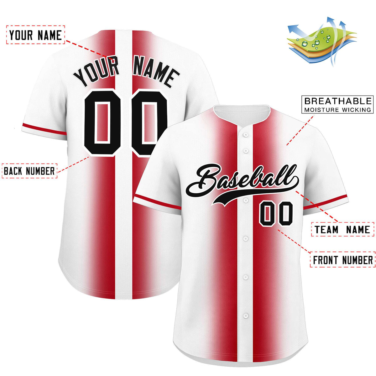 Custom White Red Lapel Gradient Fashion Authentic Baseball Jersey
