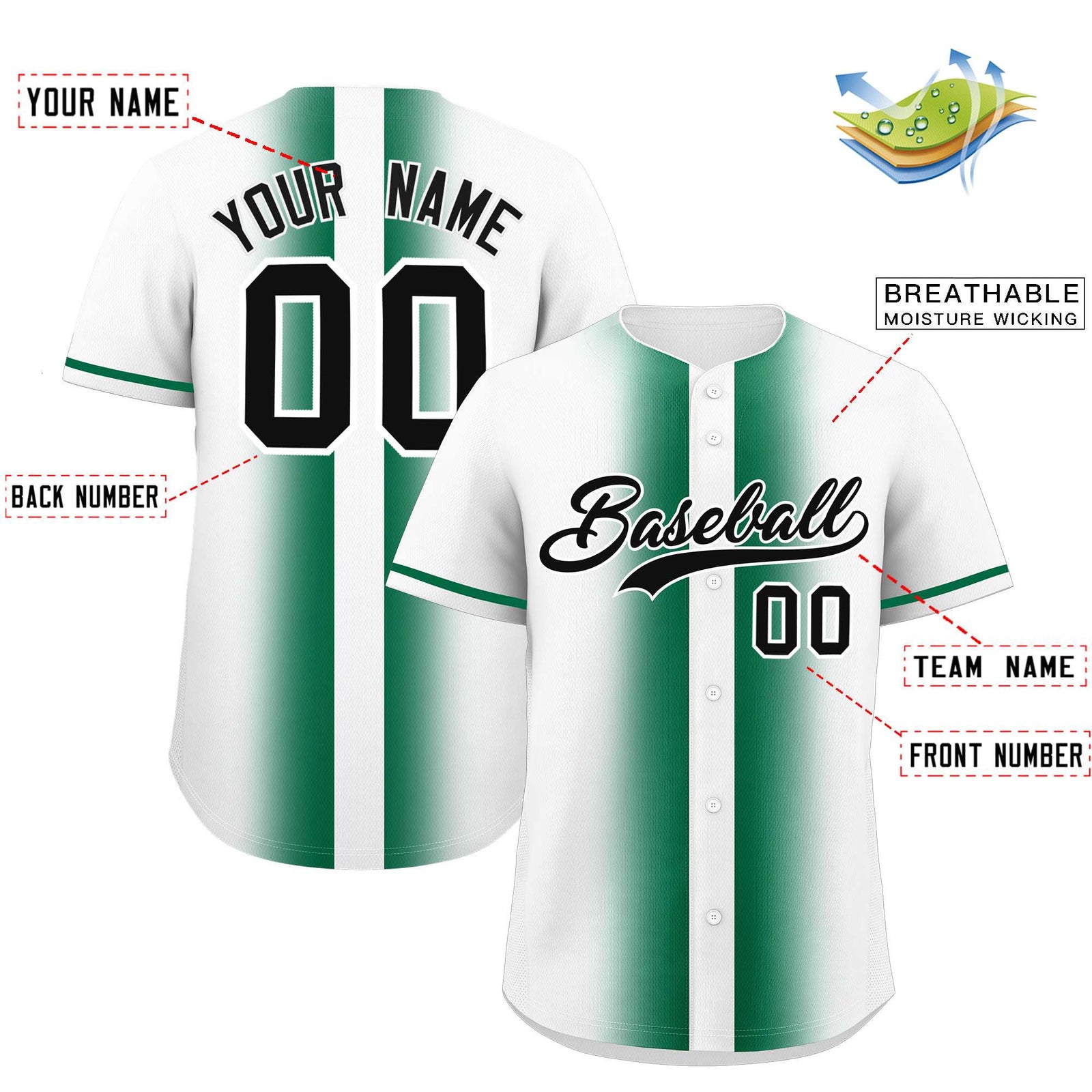 Custom White Kelly Green Lapel Gradient Fashion Authentic Baseball Jersey