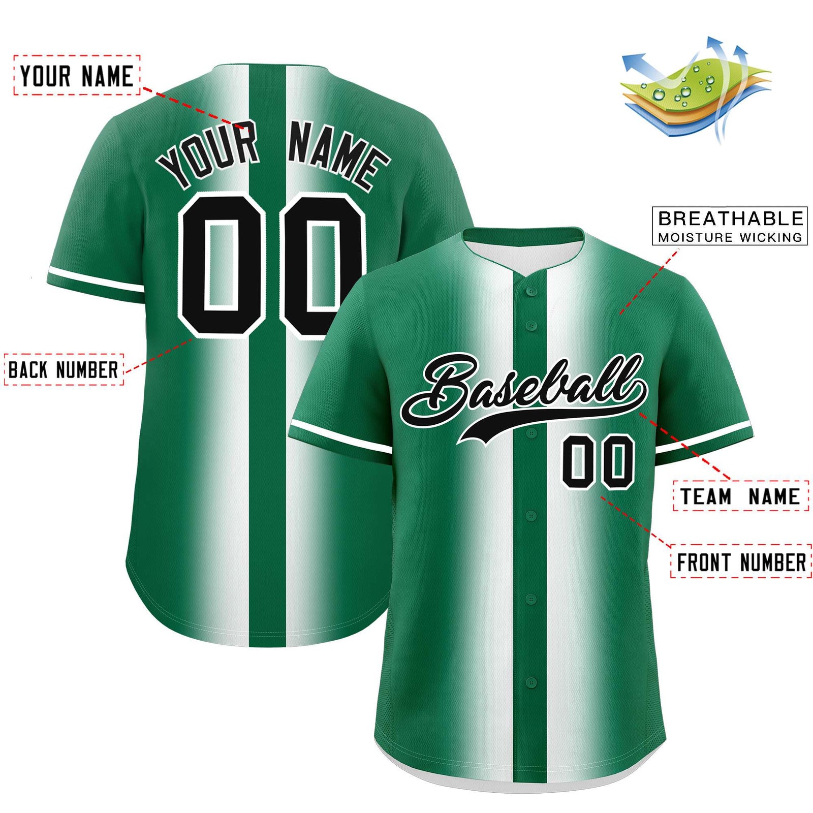 Custom Kelly Green White Lapel Gradient Fashion Authentic Baseball Jersey