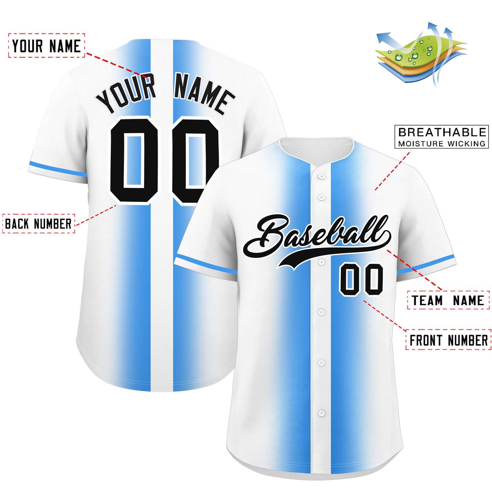 Custom White Powder Blue Lapel Gradient Fashion Authentic Baseball Jersey