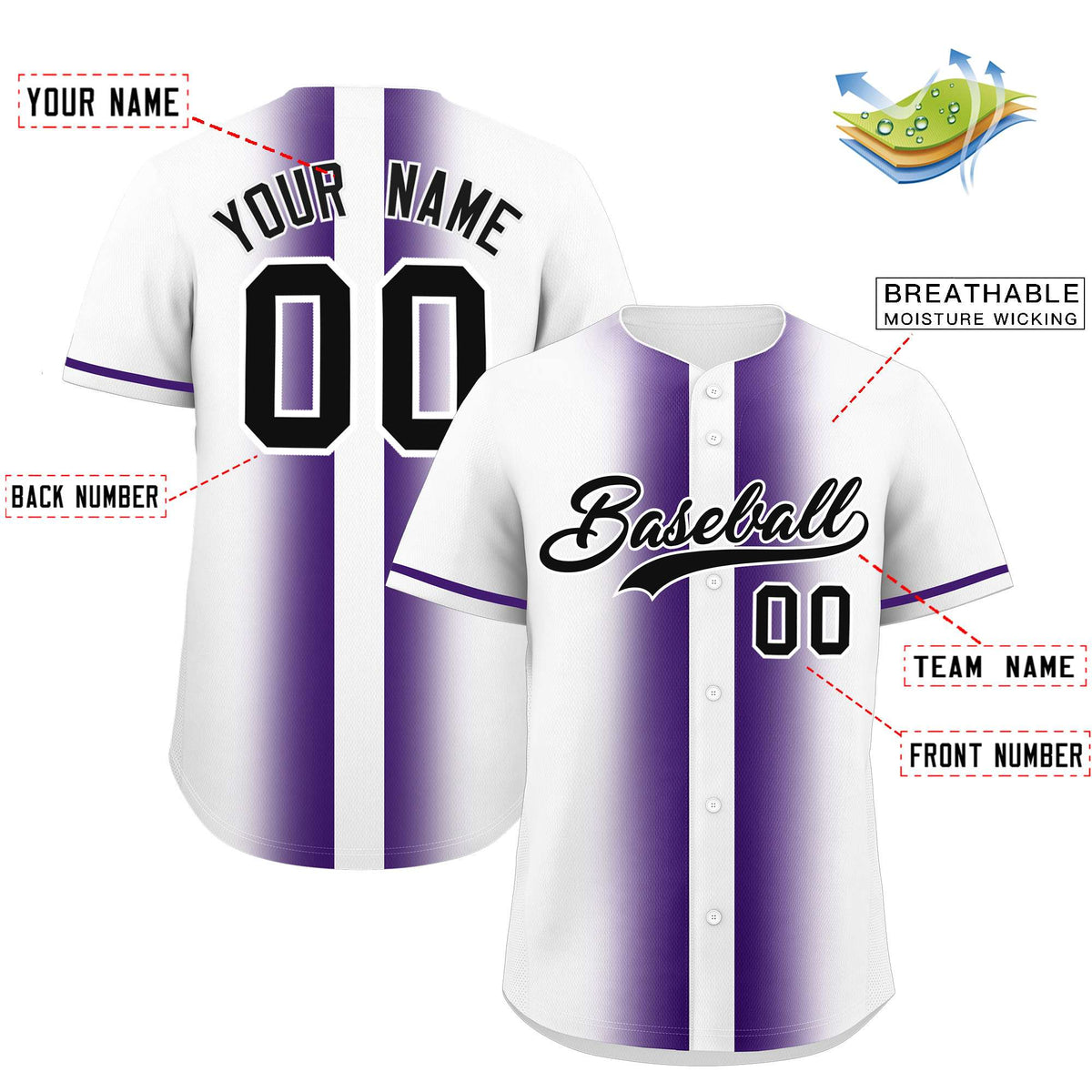 Custom White Purple Lapel Gradient Fashion Authentic Baseball Jersey