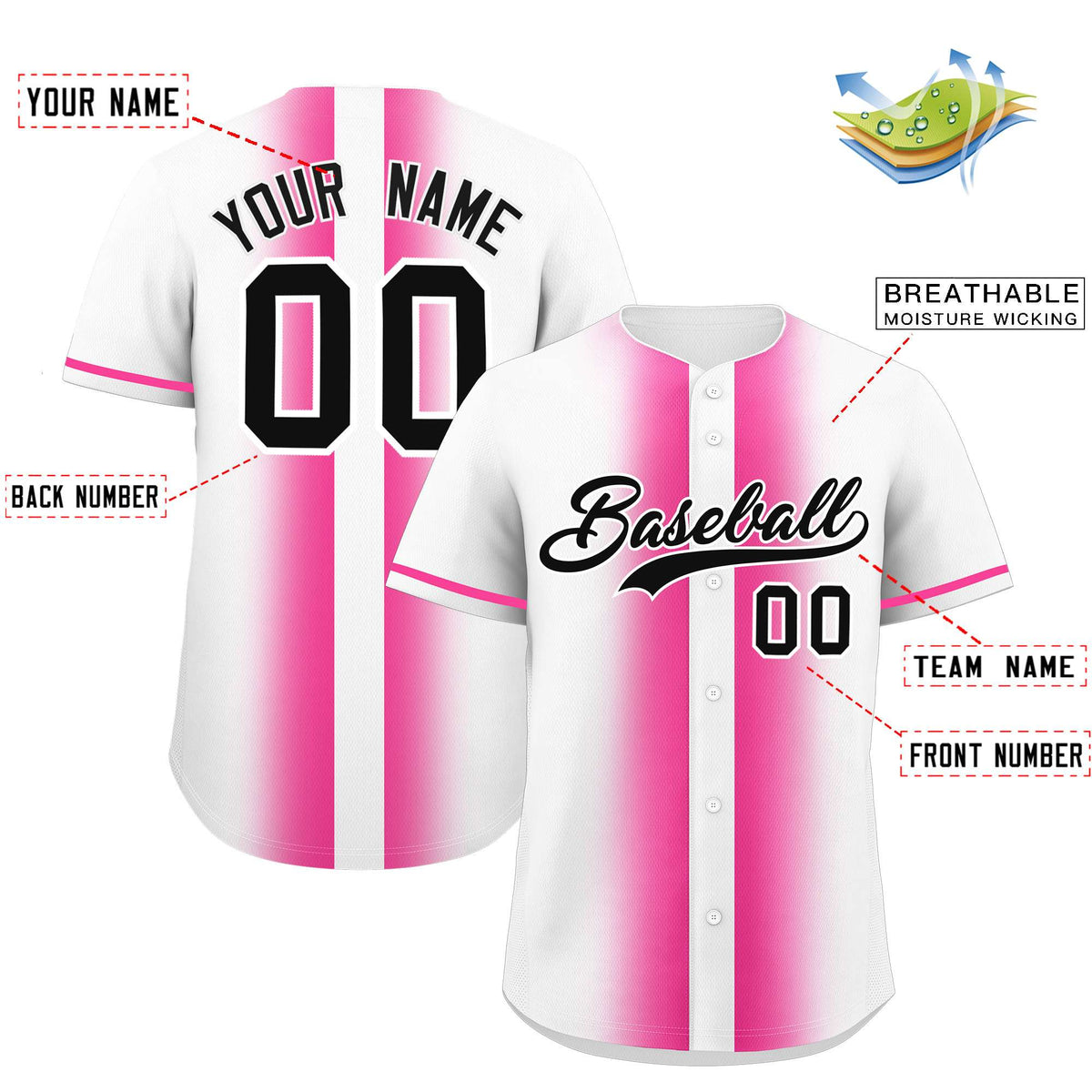 Custom White Pink Lapel Gradient Fashion Authentic Baseball Jersey
