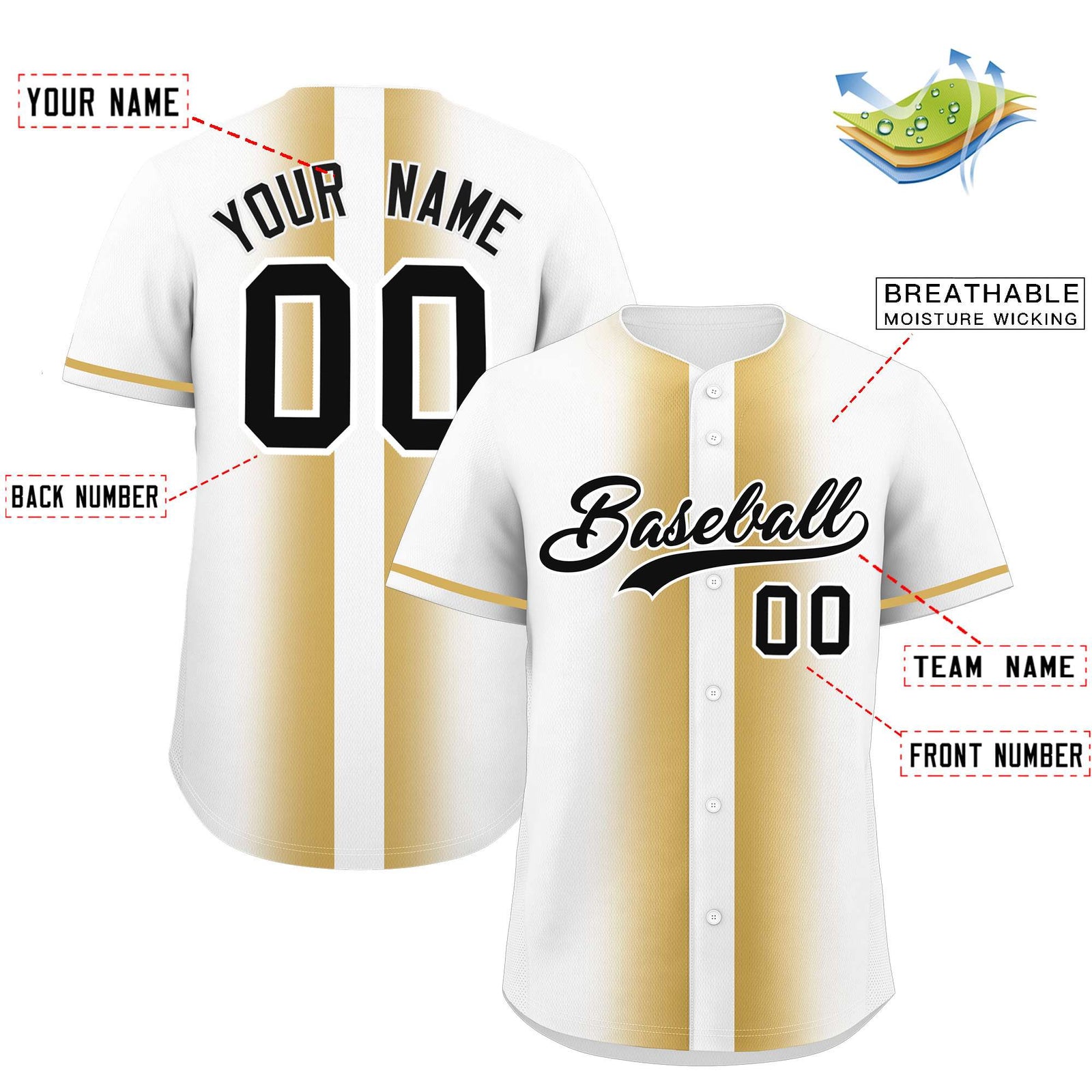 Custom White Old Gold Lapel Gradient Fashion Authentic Baseball Jersey