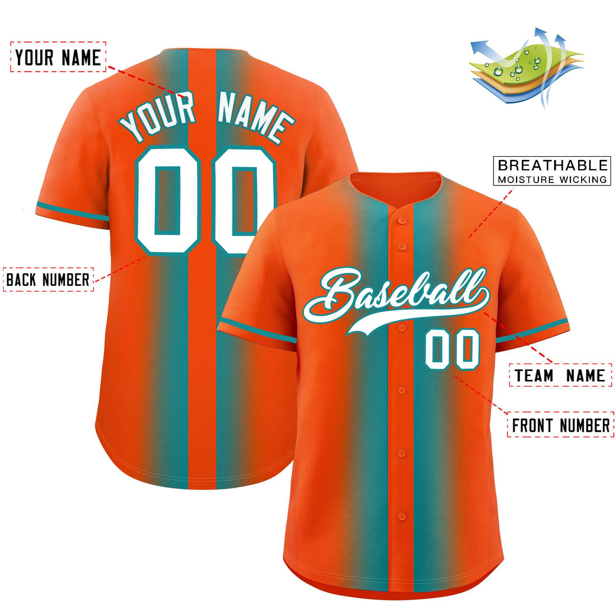 Custom Orange Aqua Lapel Gradient Fashion Authentic Baseball Jersey