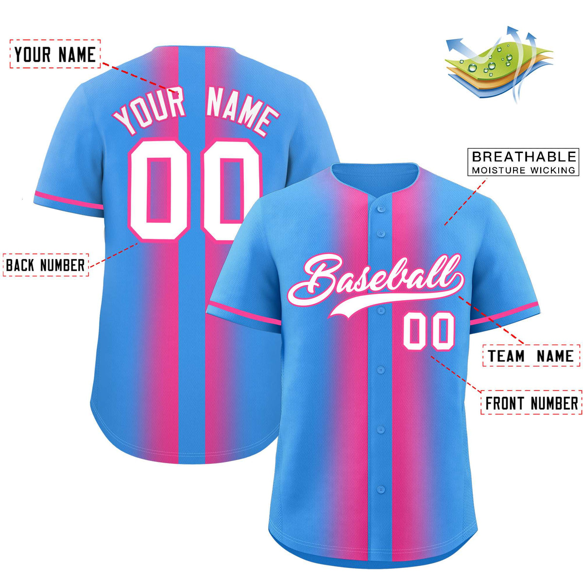 Custom Powder Blue Pink Lapel Gradient Fashion Authentic Baseball Jersey