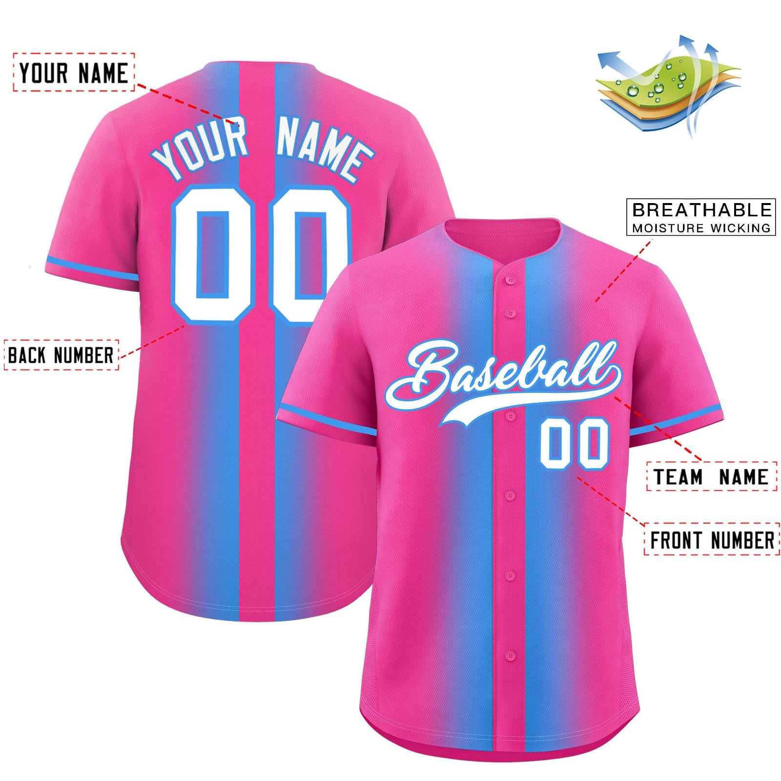 Custom Pink Powder Blue Lapel Gradient Fashion Authentic Baseball Jersey