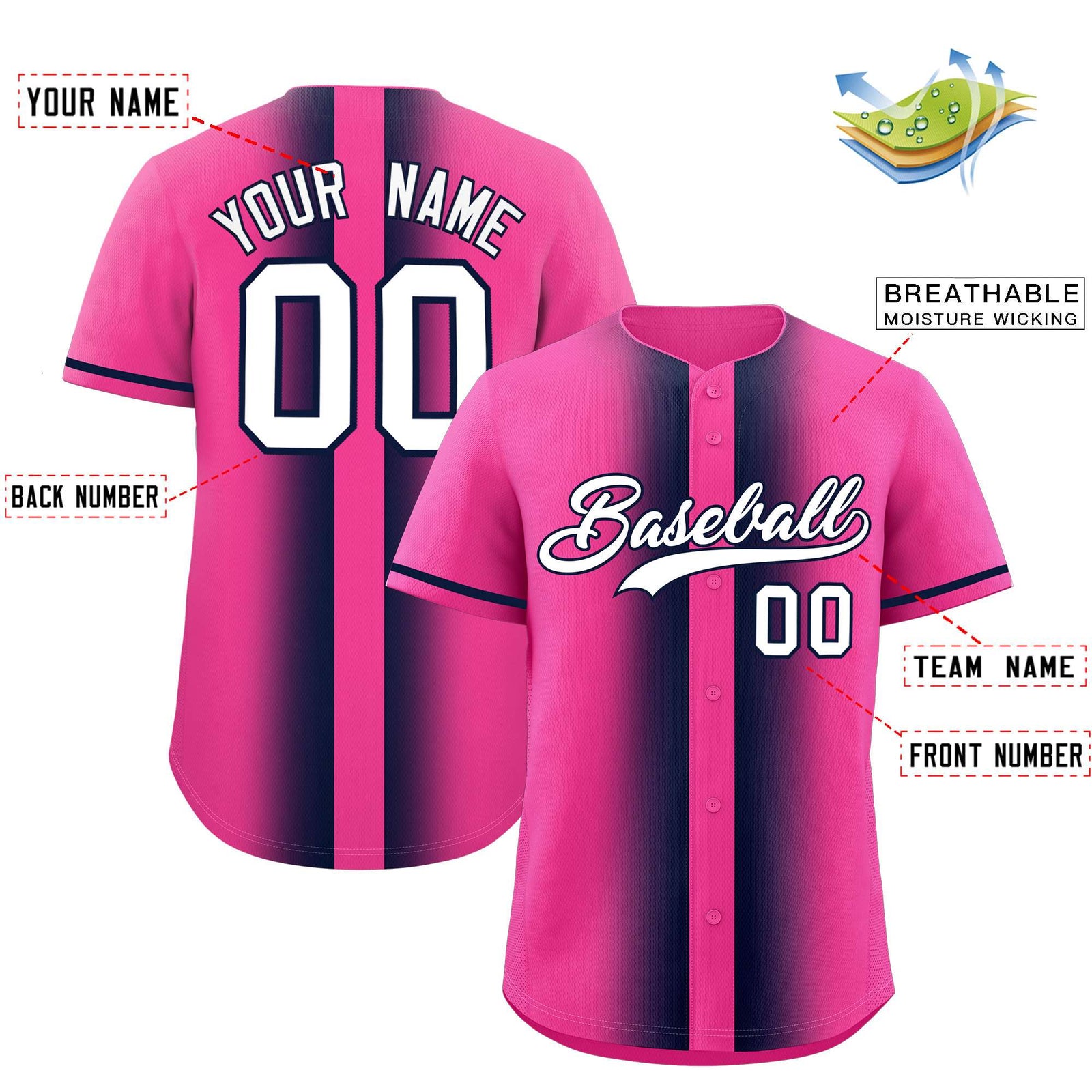 Custom Pink Navy Lapel Gradient Fashion Authentic Baseball Jersey