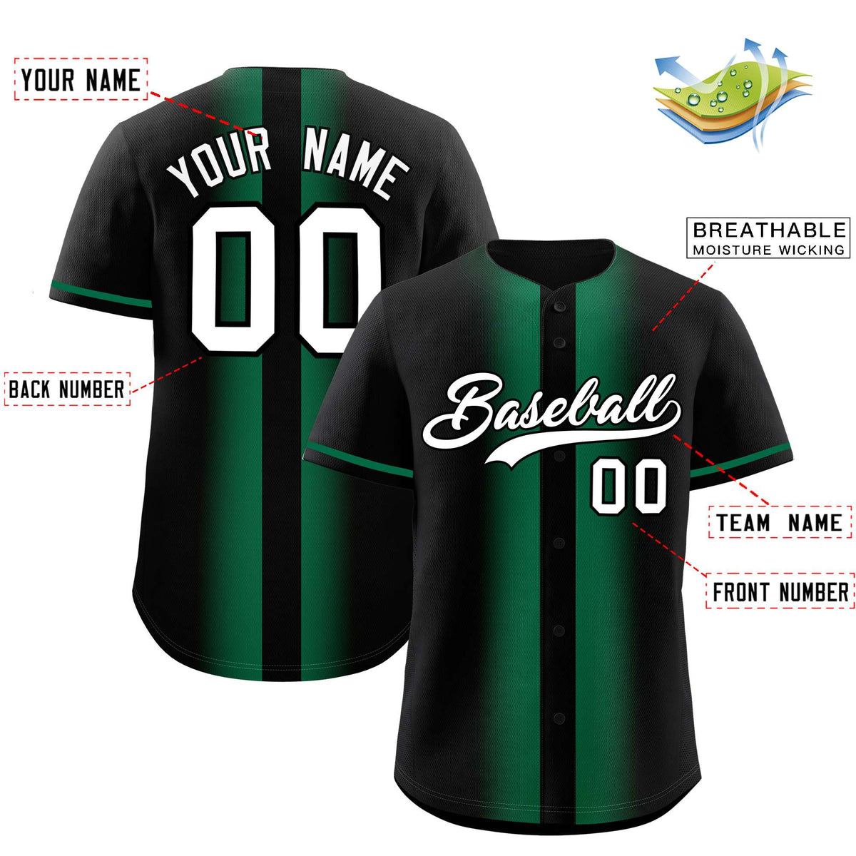 Custom Black Kelly Green Lapel Gradient Fashion Authentic Baseball Jersey