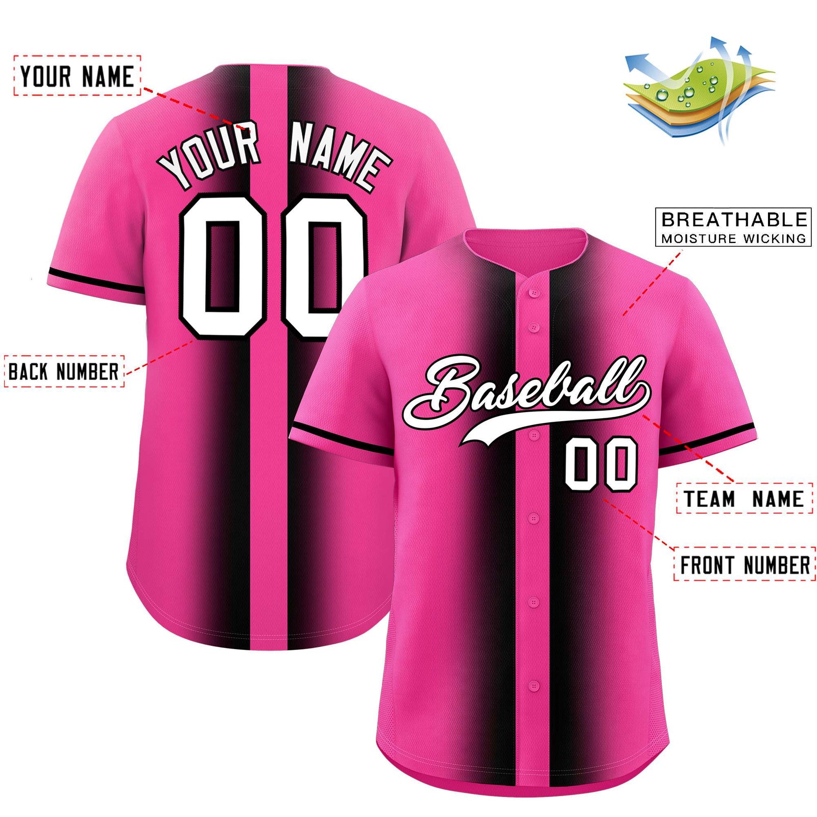 Custom Pink Black Lapel Gradient Fashion Authentic Baseball Jersey
