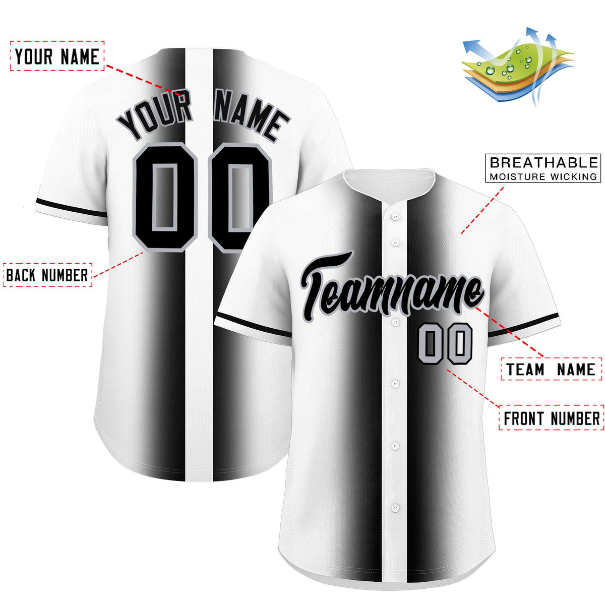 Custom White Black Lapel Gradient Fashion Authentic Baseball Jersey