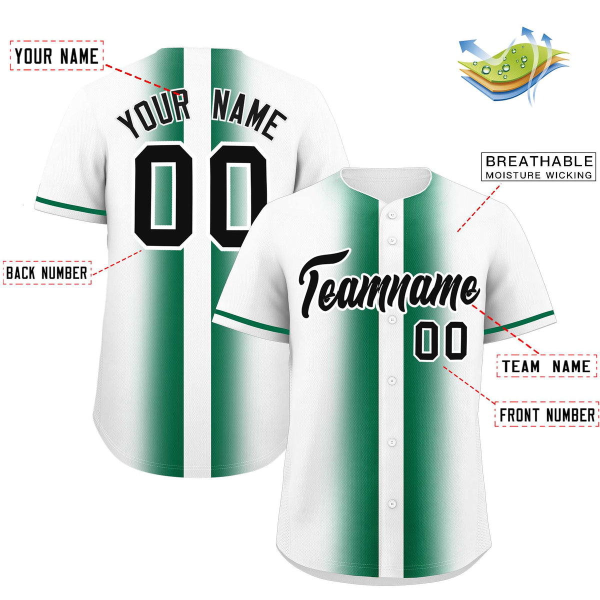 Custom White Kelly Green Lapel Gradient Fashion Authentic Baseball Jersey