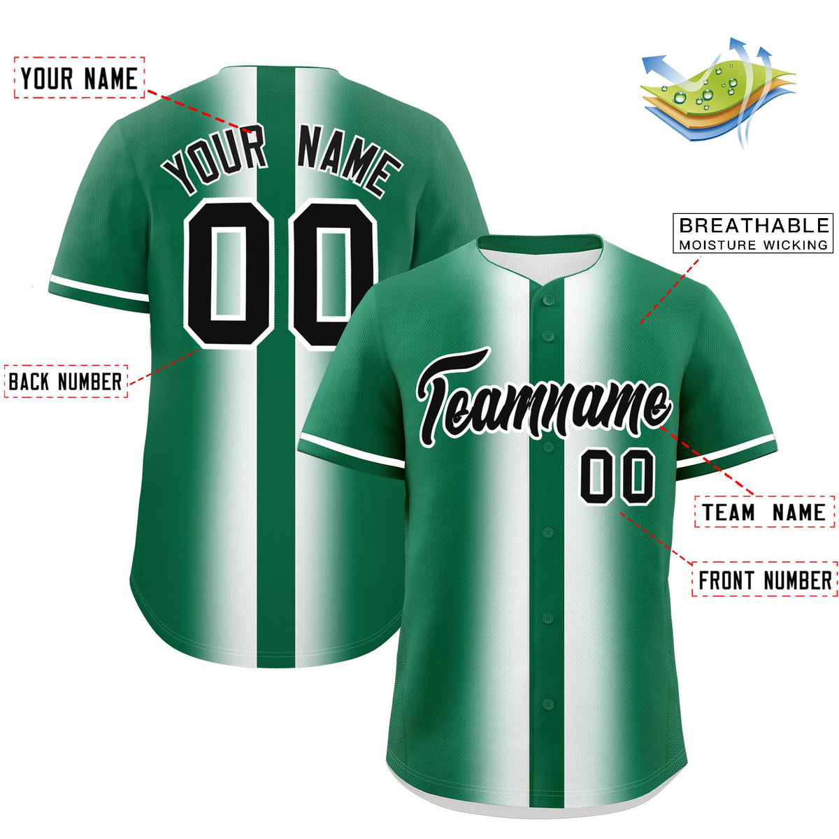 Custom Kelly Green White Lapel Gradient Fashion Authentic Baseball Jersey