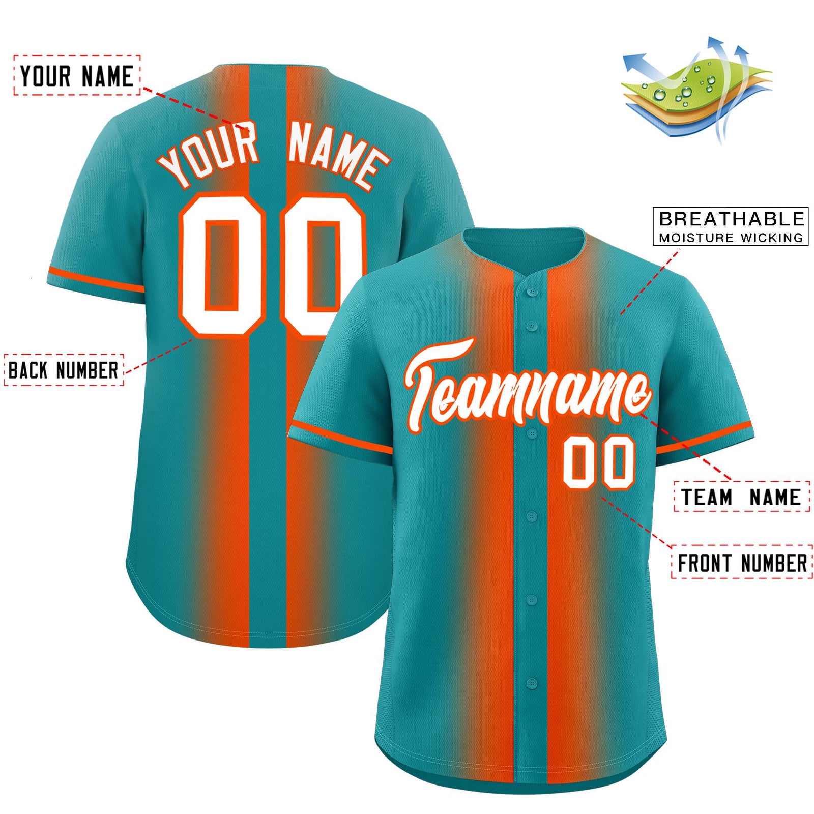 Custom Aqua Orange Lapel Gradient Fashion Authentic Baseball Jersey