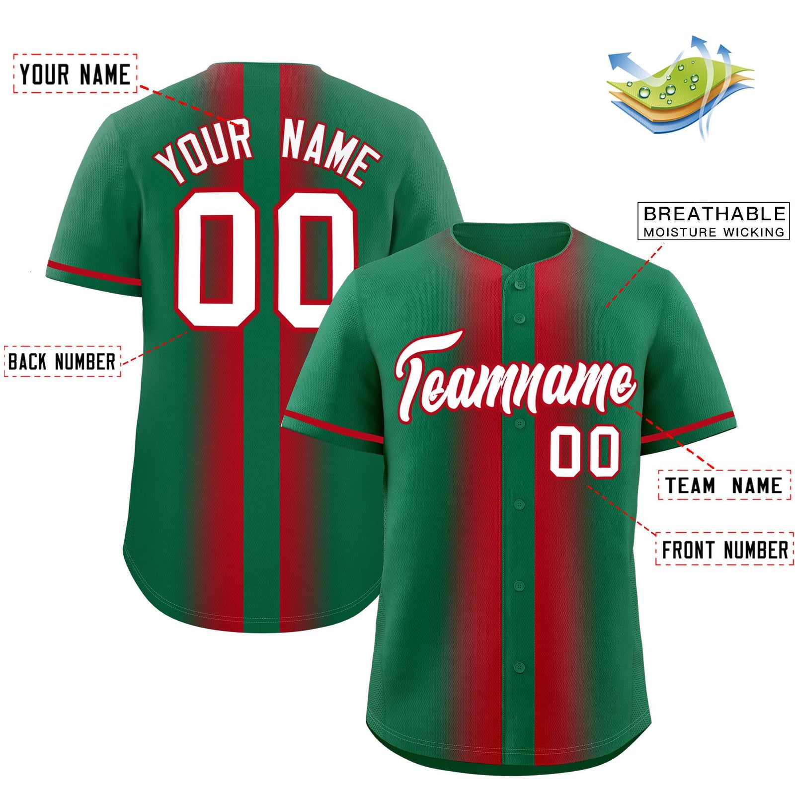 Custom Kelly Green Red Lapel Gradient Fashion Authentic Baseball Jersey