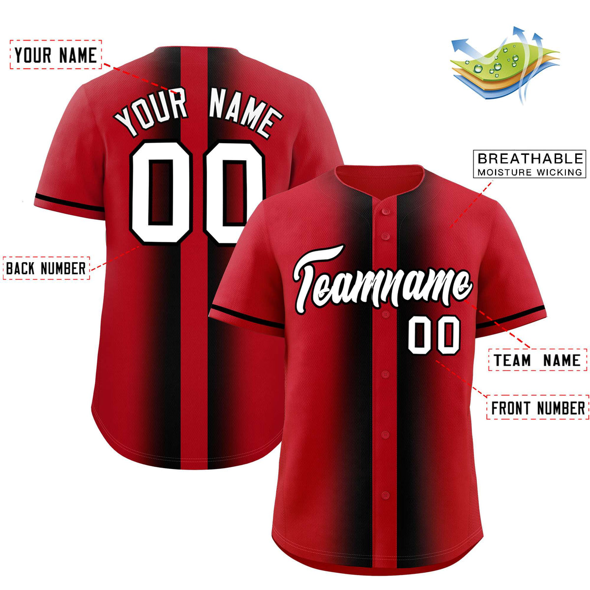 Custom Red Black Lapel Gradient Fashion Authentic Baseball Jersey