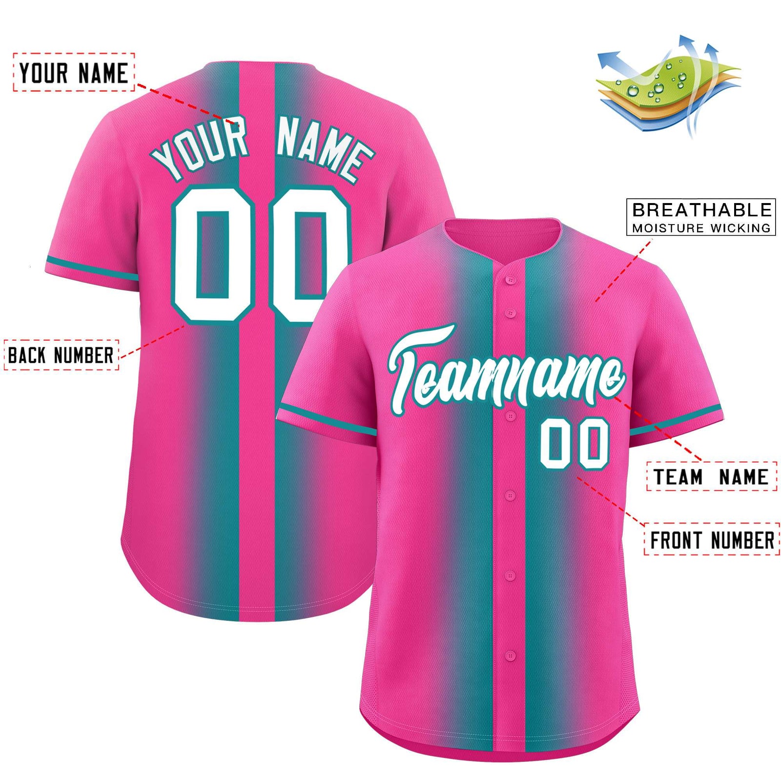 Custom Pink Aqua Lapel Gradient Fashion Authentic Baseball Jersey