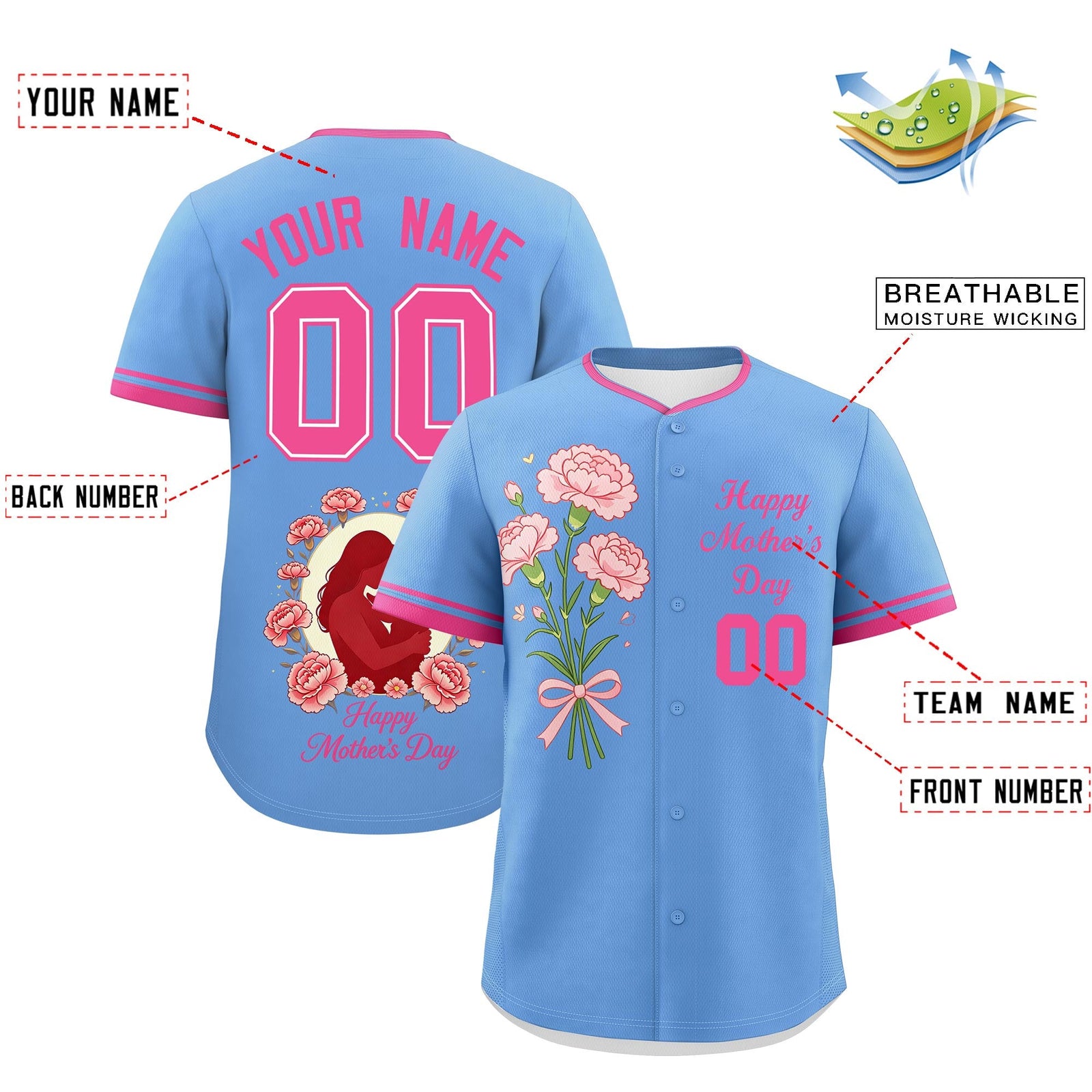 Custom Blue Pink Mother's Day Style Personalization Breathable Baseball Jersey| KXKSHOP