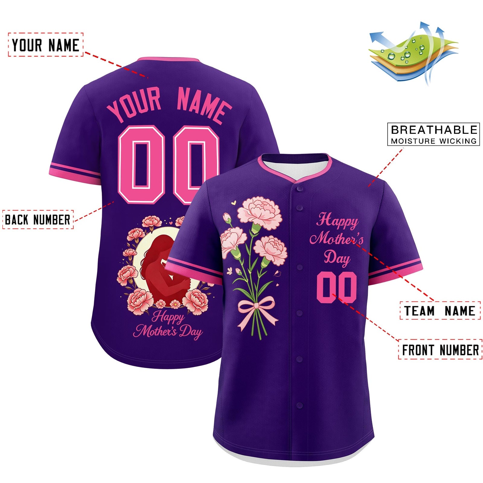 Custom Purple Pink Mother's Day Style Personalization Breathable Baseball Jersey| KXKSHOP
