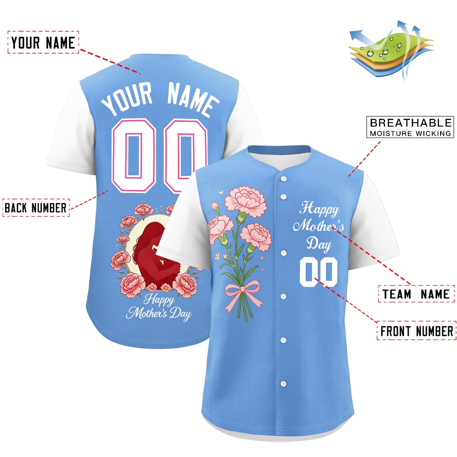 Custom Blue White Mother's Day Style Personalization Breathable Baseball Jersey| KXKSHOP