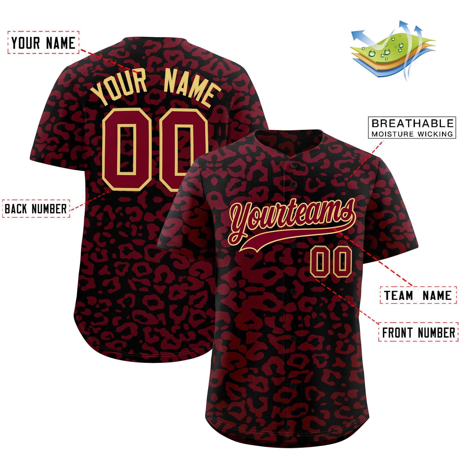 Custom Black Crimson Leopard Print Pattern Authentic Baseball Jersey