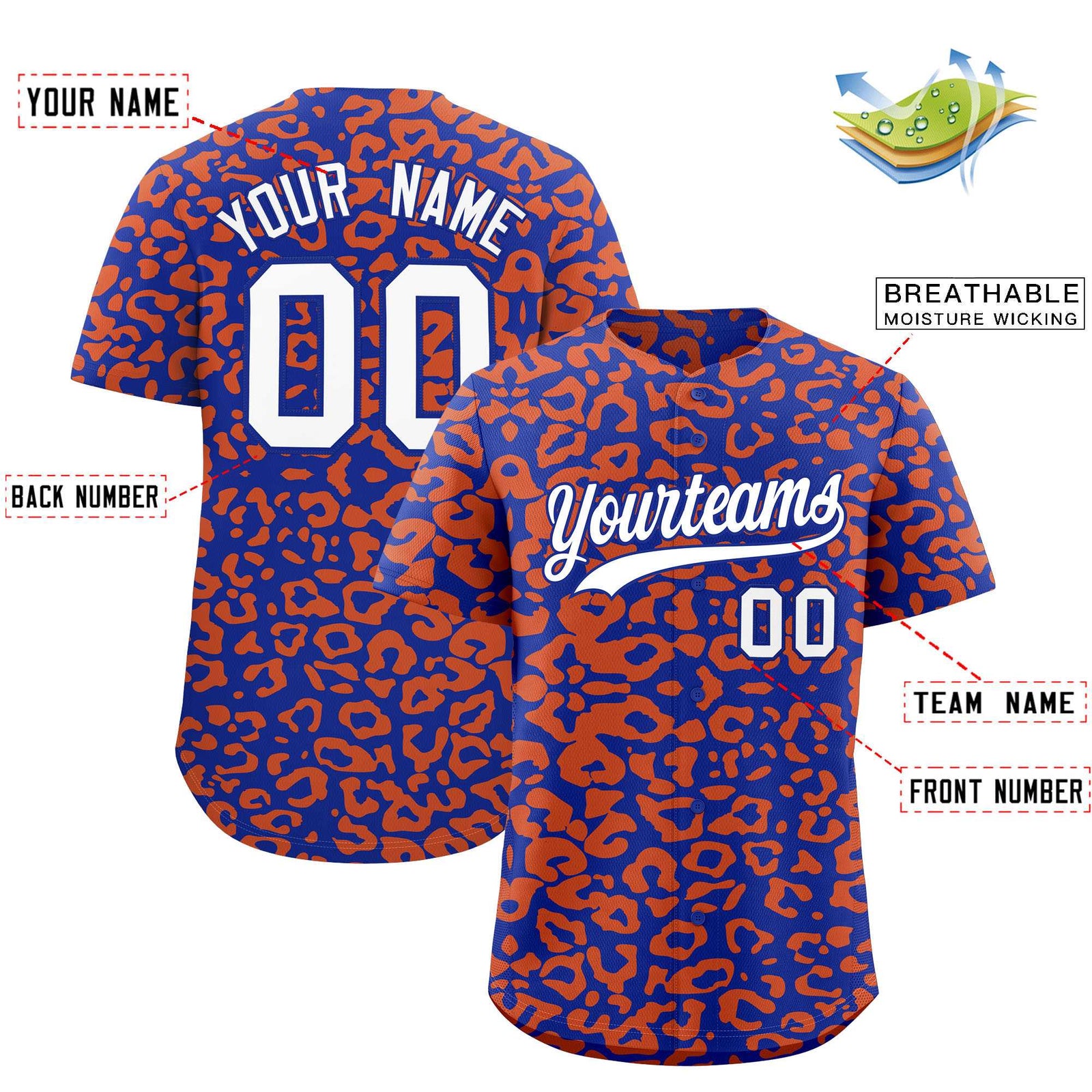 Custom Royal Orange Leopard Print Pattern Authentic Baseball Jersey