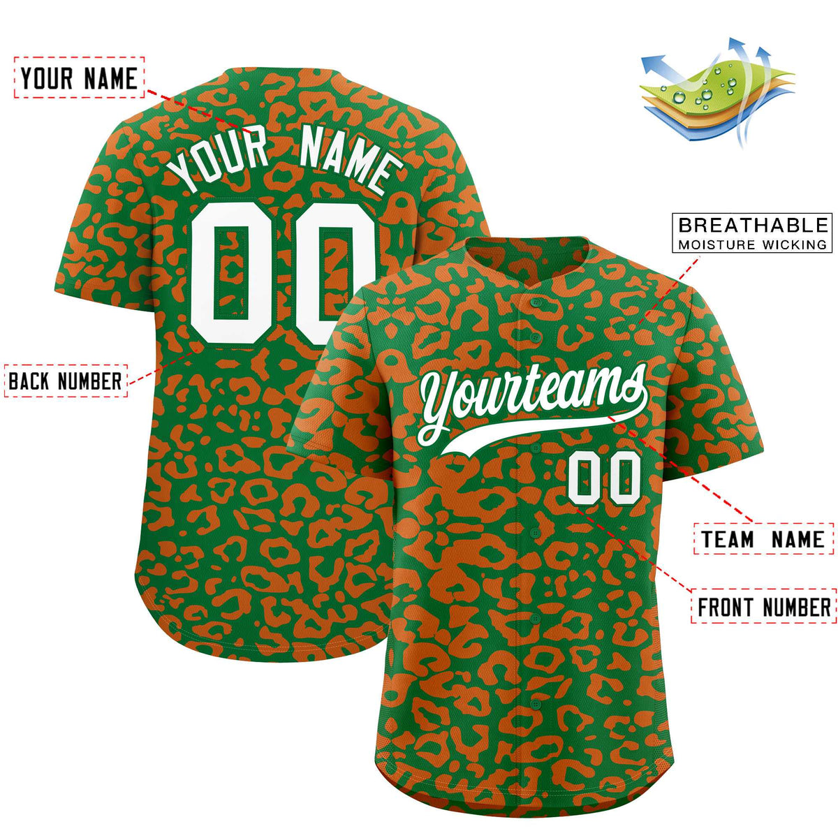 Custom Kelly Green Orange Leopard Print Pattern Authentic Baseball Jersey