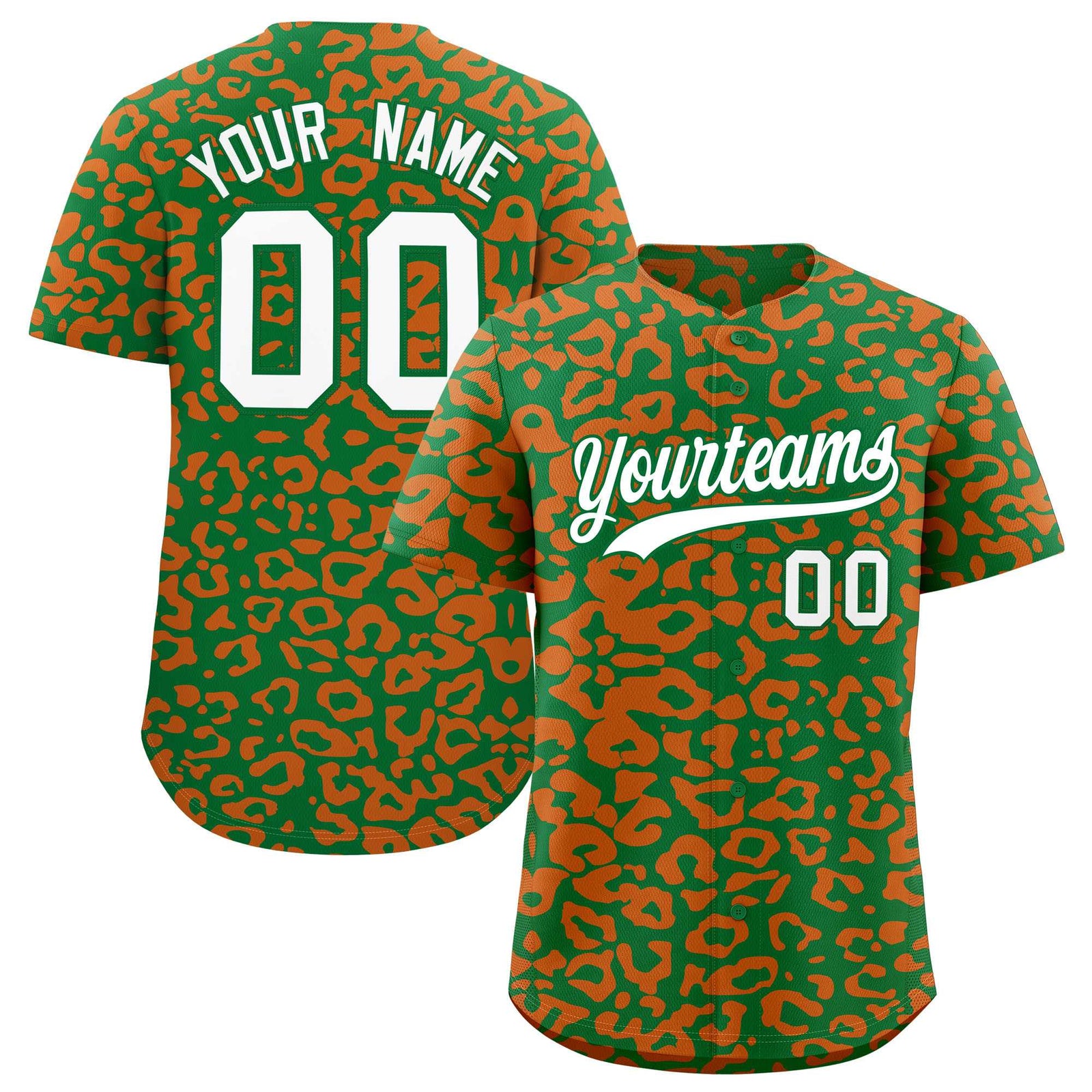 Custom Kelly Green Orange Leopard Print Pattern Authentic Baseball Jersey