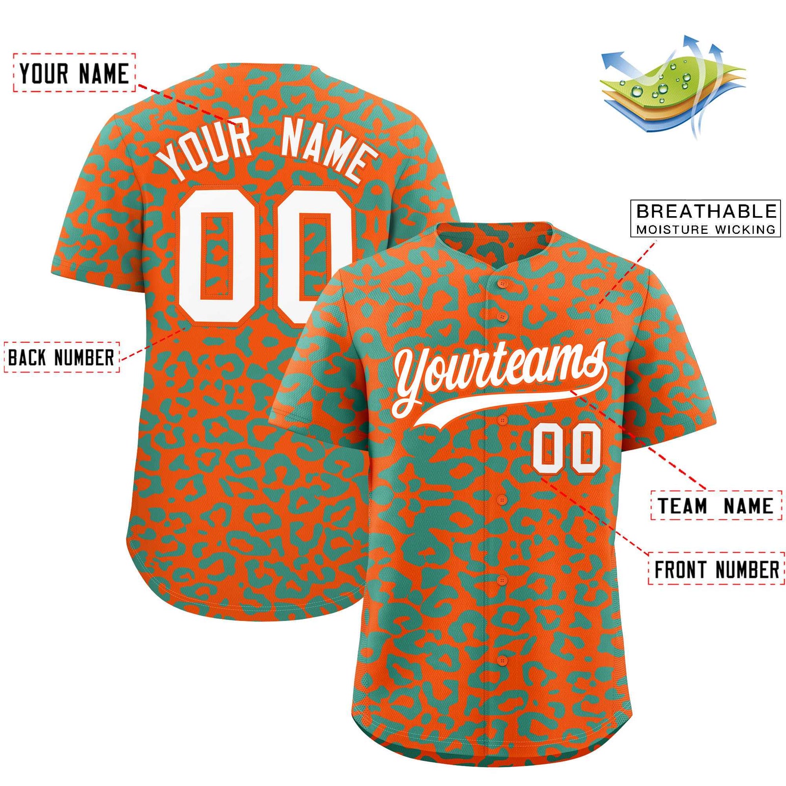 Custom Orange Aqua Leopard Print Pattern Authentic Baseball Jersey