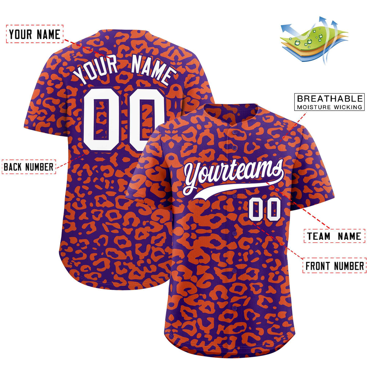 Custom Purple Orange Leopard Print Pattern Authentic Baseball Jersey