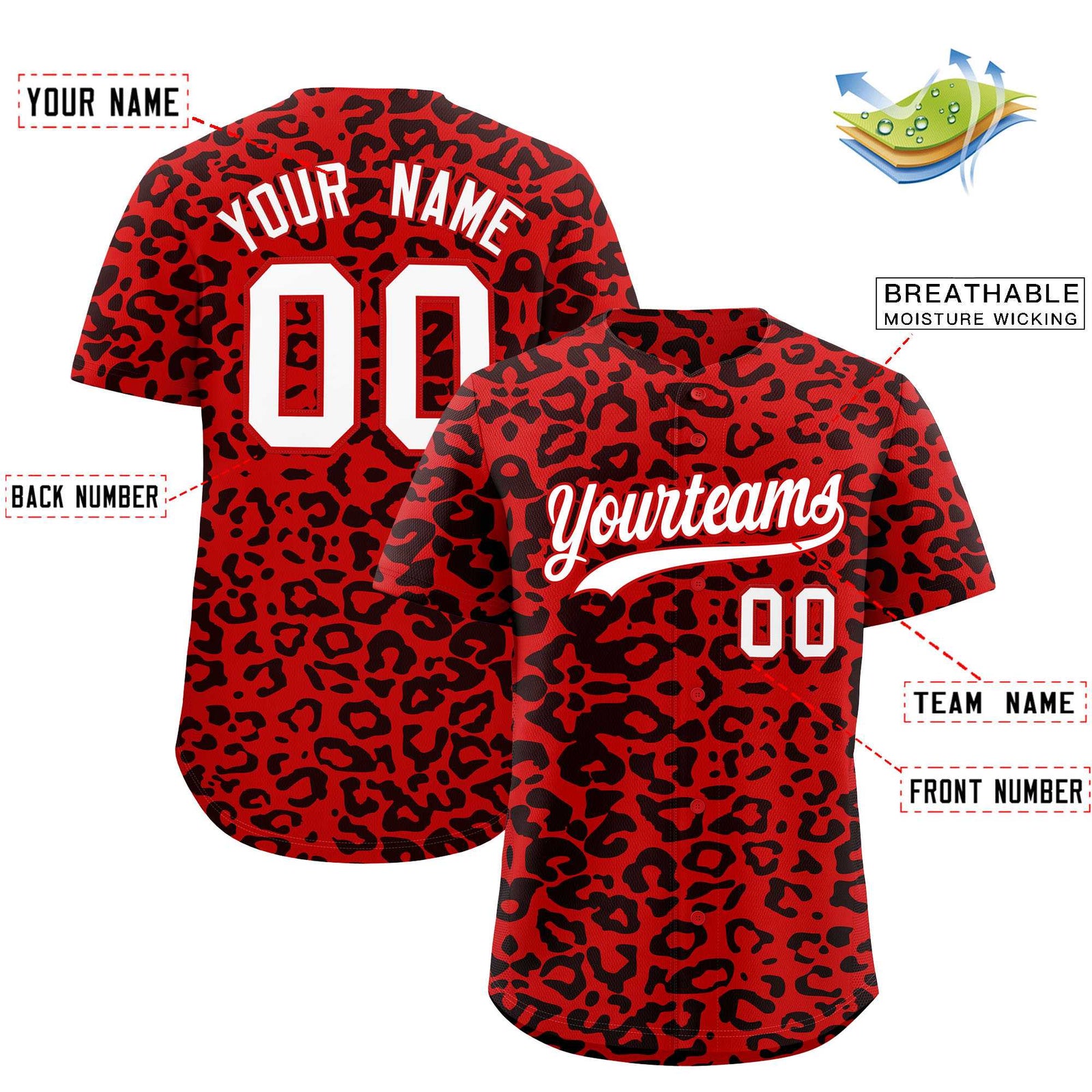 Custom Red Black Leopard Print Pattern Authentic Baseball Jersey